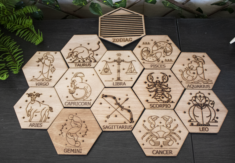 Premium wooden zodiac coasters featuring intricate detailing and vibrant colors of the 12 zodiac signs, made from high-quality wood.