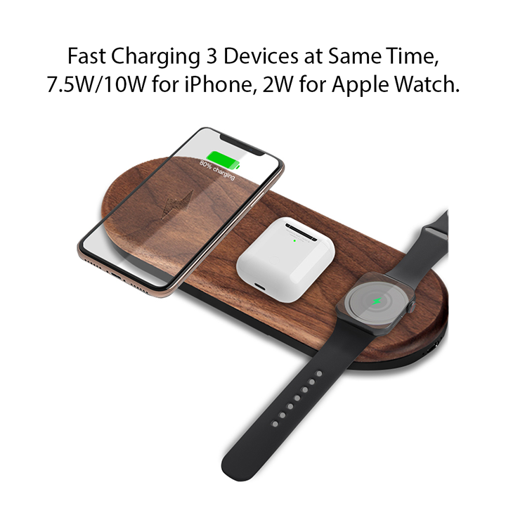 Organize and charge your Apple devices with this high-quality wooden 3-in-1 wireless charger for iPhone, AirPods, and Apple Watch. The stylish and functional charging station features a non-slip surface, and is the perfect solution to declutter your space. Say goodbye to tangled cords and hello to this sleek and natural charging solution.