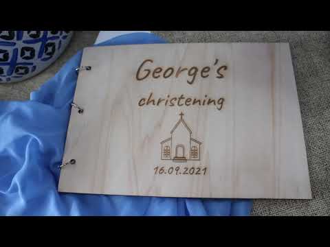 "Custom Wooden Christening Wish Book" - Image of a beautifully crafted wooden christening book with engraved details and ample space for personalization, a timeless and elegant keepsake for your child's special occasion.